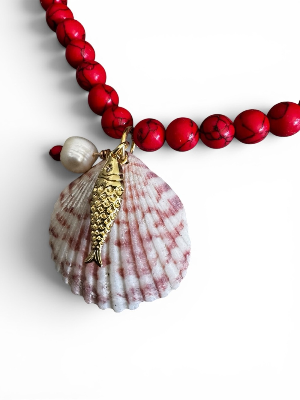 Allure Of Brazil Red coral Beaded Necklace with Shell and Gold fish pendant
